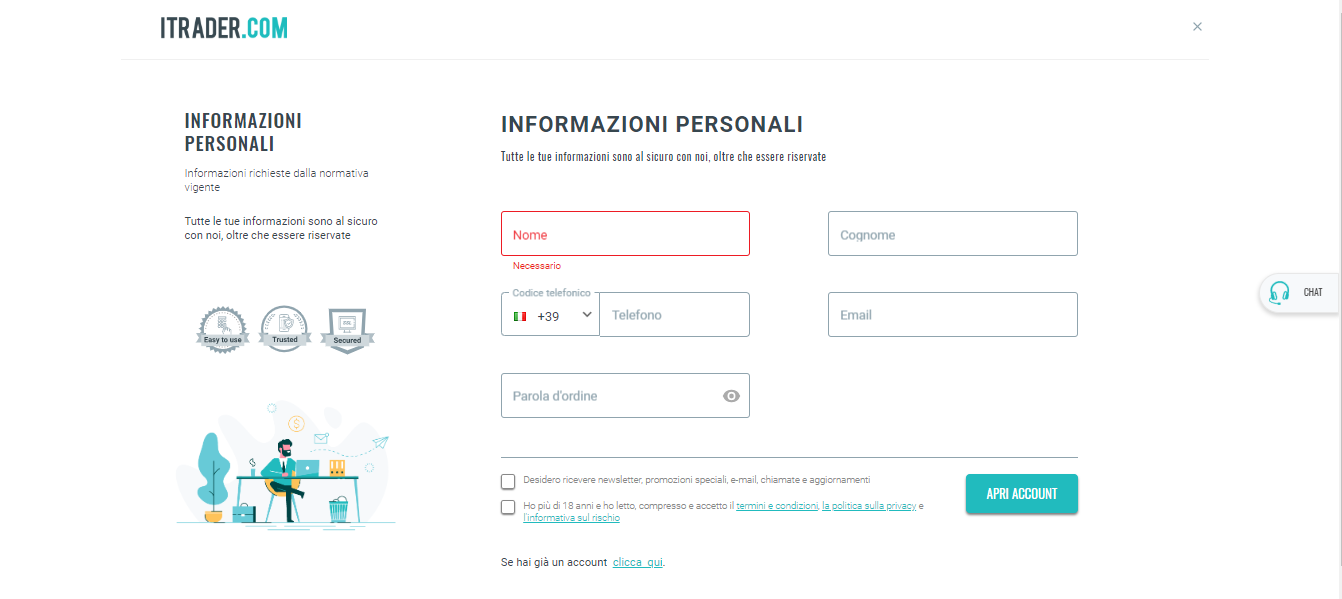 Pagina di registrazione di ITRADER Pagina di registrazione di ITRADER